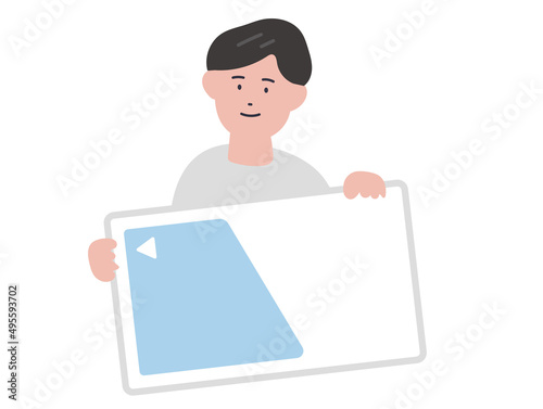 ICカードを手に持つ男性のイラスト