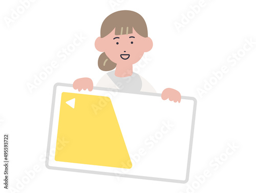 ICカードを手に持つ女性のイラスト
