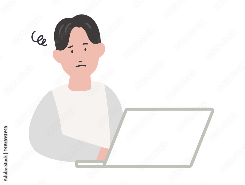 パソコン作業に疲れた男性のイラスト