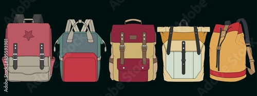 Set of Vector Colorful Backpacks. Backpacks for schoolchildren, students, travellers and tourists. Back to School rucksack flat vector illustrations isolated on white.
