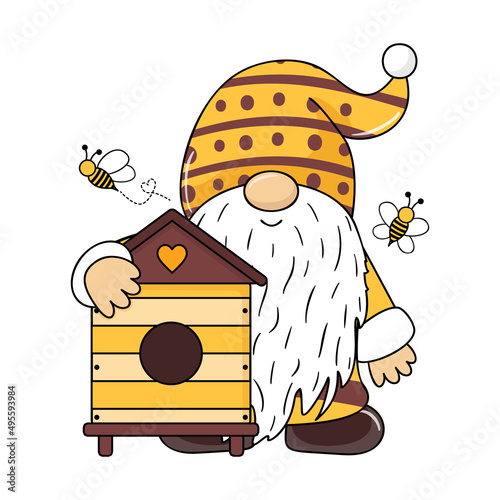 Gnome with hive and bees. Spring bee dwarf. Beautiful gnome with bees.