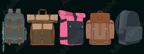 Set of Vector Colorful Backpacks. Backpacks for schoolchildren, students, travellers and tourists. Back to School rucksack flat vector illustrations isolated on white.
