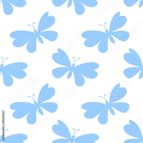 Vector seamless pattern of blue silhouette butterflies in flat style. Cute simple insects. Texture on theme of nature, spring, summer, children print, isolated