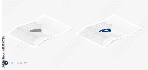 Set of two realistic map of South Carolina with shadow. The flag and map of South Carolina in isometric style.