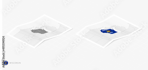 Set of two realistic map of Wisconsin with shadow. The flag and map of Wisconsin in isometric style.