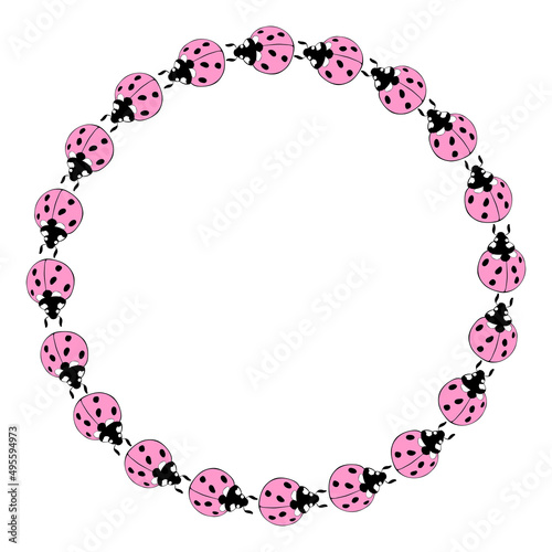 Vector round frame, border from cute pink ladybugs in doodle flat style. Simple background, decoration for spring, summer, natural, kids design