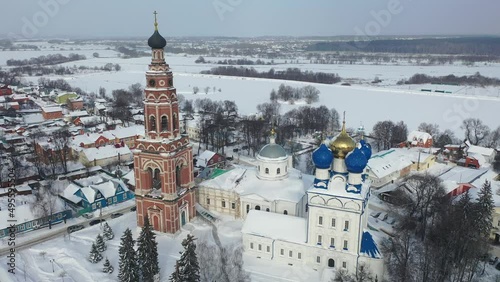 Aerial view of Russian town of Bronnitsy overlooking Archangel Michael Cathedral with red brick bell tower