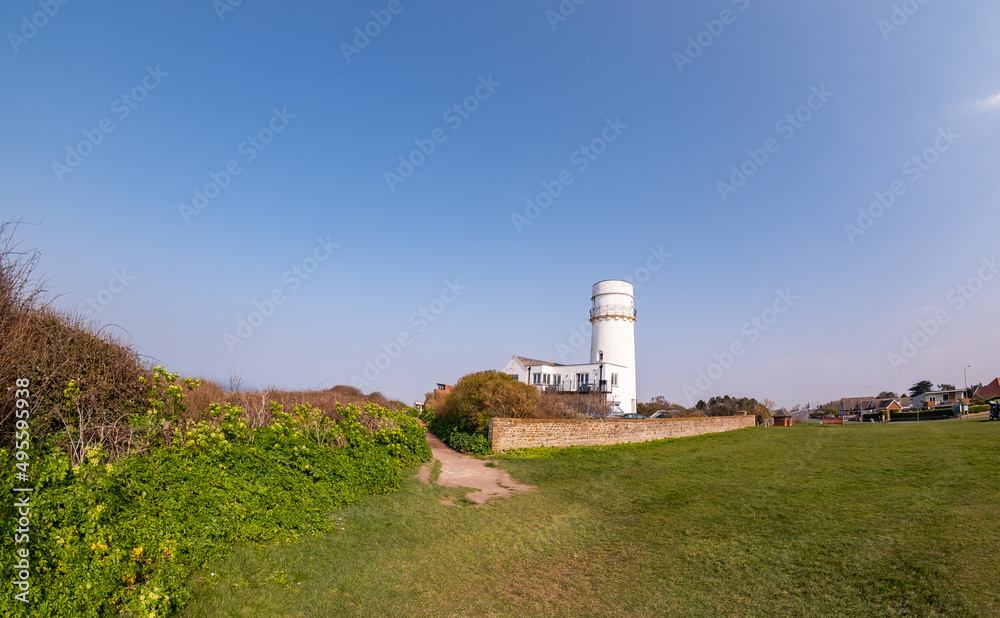 Ultra wide angle fisheye view of the old lighthouse, which has been converted in to a holiday home, in the seaside town of Hunstanton on the North Norfolk coast