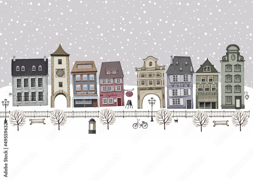 Winter Cityscape of Europe. Facades of buildings. Background for greeting cards happy New year and Merry Christmas. Stock illustration in retro style.