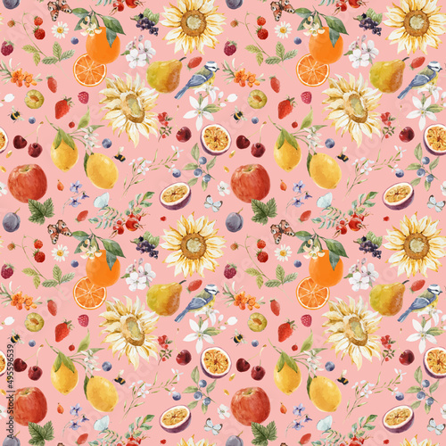 Beautiful vector autotraced seamless summer pattern with watercolor flowers and lemon pear orange mango fruits. Stock illustration.