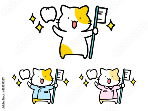 歯ブラシを持つかわいい歯医者ねこのキャラクターの手書き風イラストセット