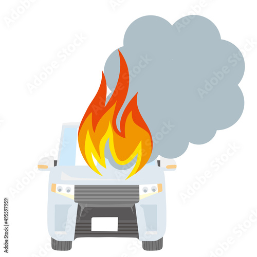 自動車の火災、事故、火事のリアルイラスト　損害保険、自動車保険のイメージ