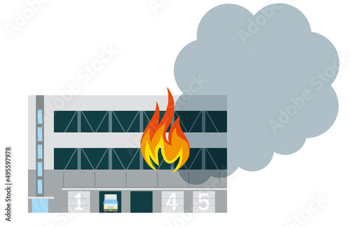 物流センターロジスティクスの火災、火事のイラスト 損害保険地震災害イメージ