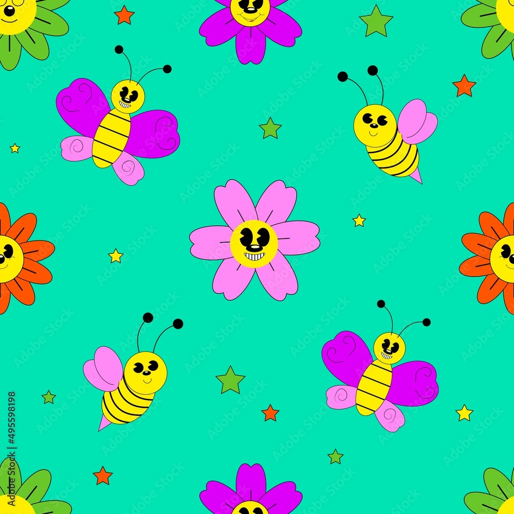 Seamless pattern with flowers, bee and butterfly