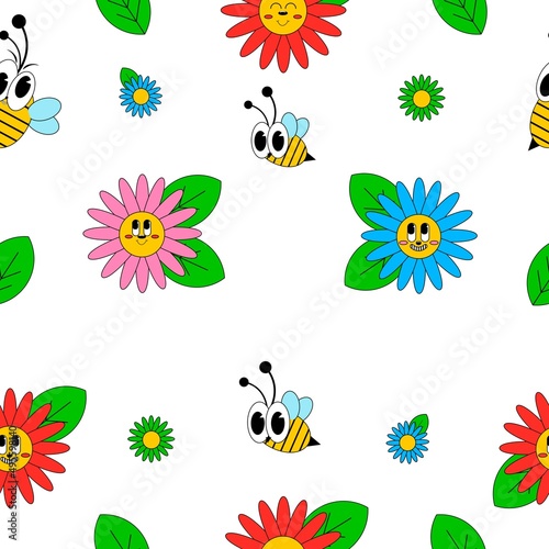 Seamless pattern with bees and flowers. © Elena