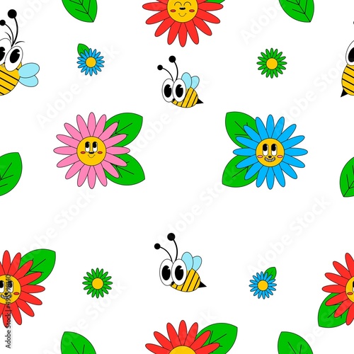 Seamless pattern with bees and flowers.