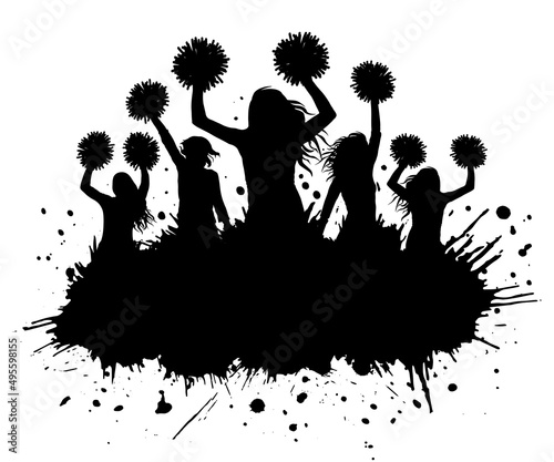 Silhouette of cheerleaders with pompoms and grunge blots, elements. Cheerleading sport. Vector illustration