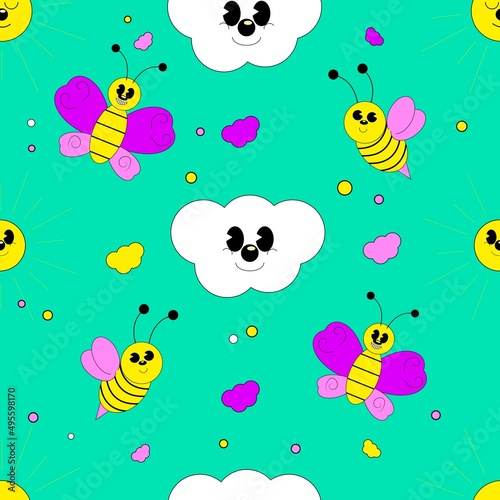 Seamless pattern with clouds  bee and butterfly