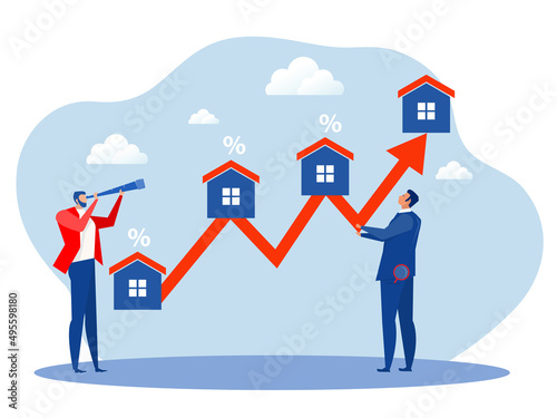 businessman investor with telescope  for Real estate and housing investment opportunity, property growth forecast or vision, price rising up concept vector