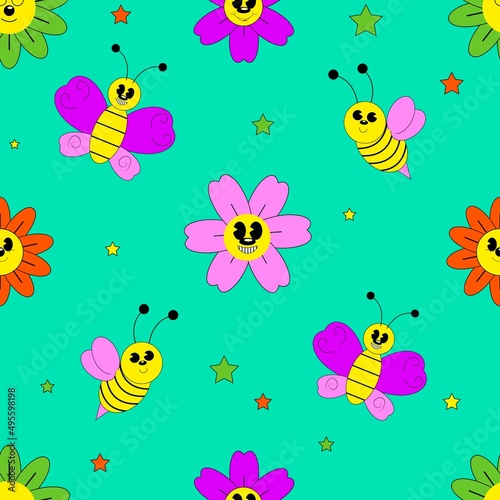 Seamless pattern with flowers, bee and butterfly © Elena