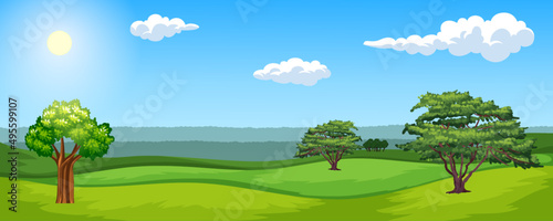 Rural landscape background with trees and clouds. Vector illustration.