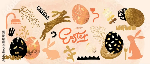Happy Easter set of design elements. Hand drawn grunge textures. Golden eggs, hair, rabbit, botanical elements