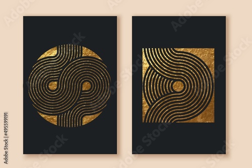 Abstract minimalist wall art composition in gold, black colors. Simple style. Golden geometric shapes, lines, circles