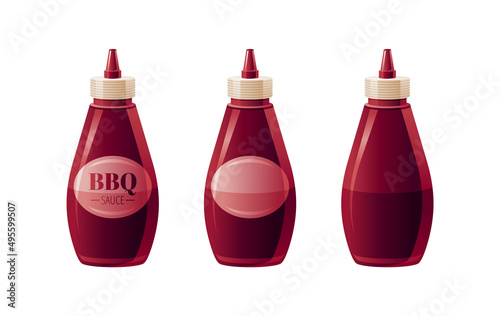 BBQ sauce bottle. Barbecue vector glass bottle. Illustration of hot sauce - ketchup barbeque chili salsa mustard. Food icons with text logo packaging, empty label, blank mock up.