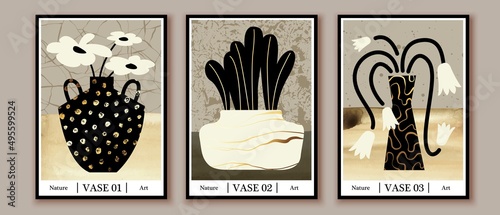 Vases, pots with plants. Golden abstract shapes, decorative elements. Modern contemporary art set. Wall art design.