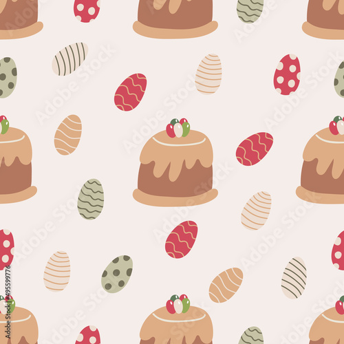 Vector seamless pattern with Easter treats and cakes. Great for fabric, wrapping papers. Hand drawn flat  illustration on beige background.