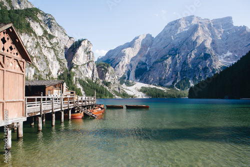 Lago di Braies in Dolomites  mountains forest trail in background  Sudtirol  Italy