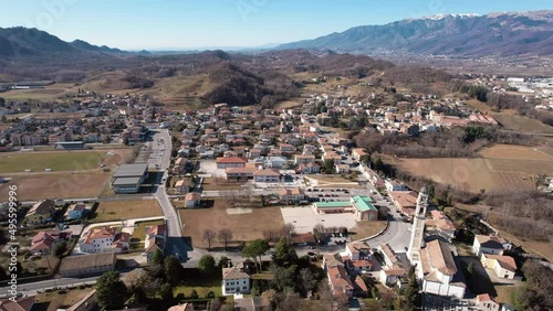 Wallpaper Mural Aerial panoramic view of Onigo village and its tower bell inside hills. Italy. Torontodigital.ca