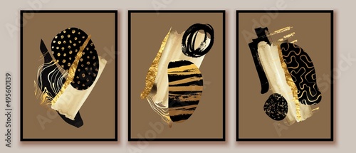 Mix media art posters. Different abstract forms, textures in gold, black, beige, ivory colors. Wall art compositions.
