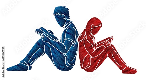 People Reading Books Cartoon Graphic Vector