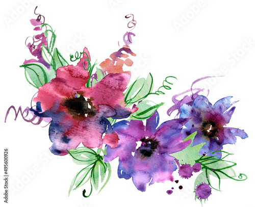 Cute watercolor hand painted purple flowers. Invitation. Wedding card. Birthday card. High quality photo