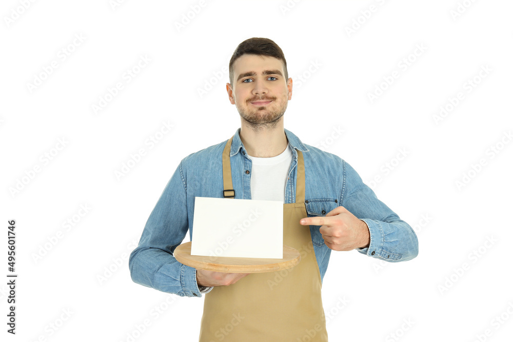 Young man waiter isolated on white background
