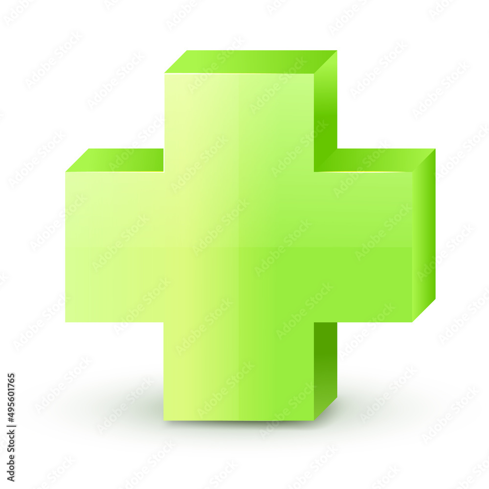 Green cross. Cross symbol of safety guidance. Green plus sign. Vector