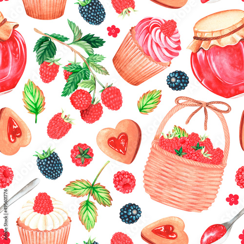 Seamless pattern. Raspberry sweets. Watercolor illustration. Isolated on a white background.
