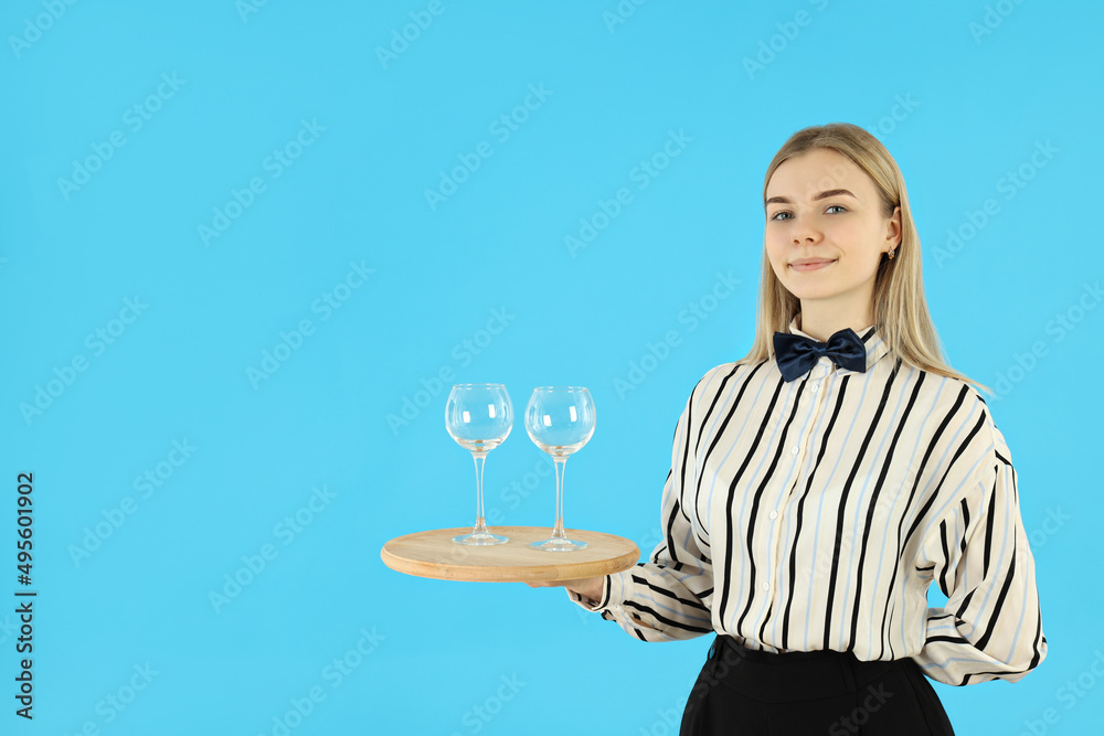 Concept of profession with young waitress, space for text Concept of profession with young waitress, space for text