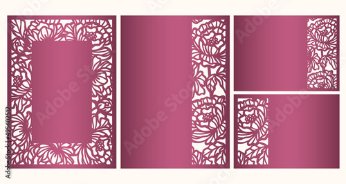 Laser cut cards set, peonies floral cutout pattern.