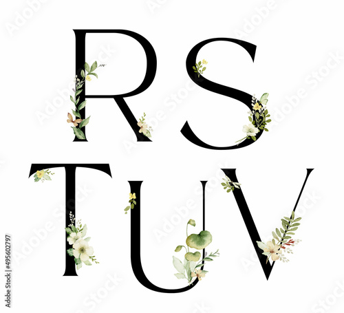 Floral alphabet, vector letters R, S, T, U, V with watercolor flowers and leaf.