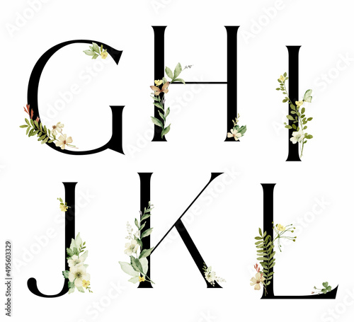 Floral alphabet, vector letters G, H, I, J, K, L with watercolor flowers and leaf.