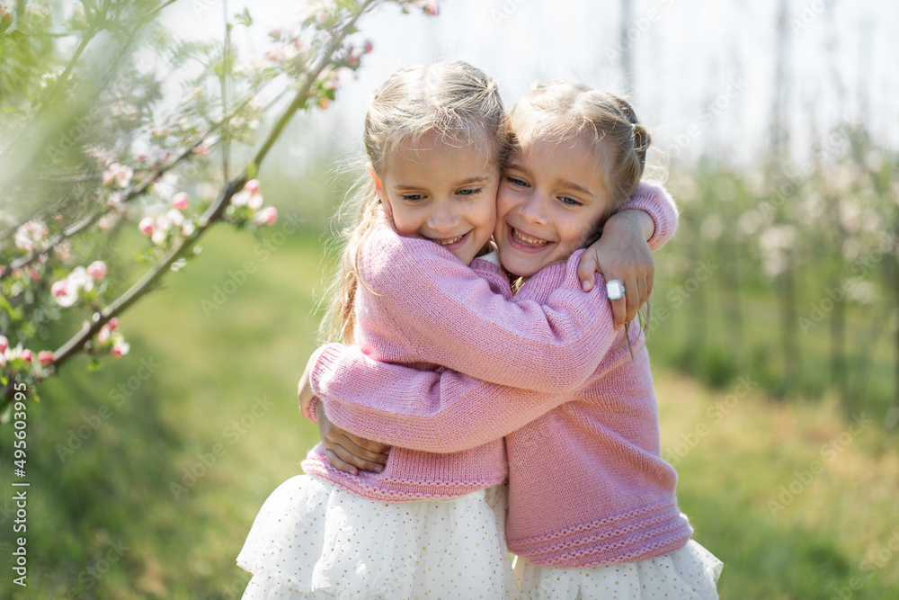 Happy two twin sisters are hugging against the background of a green blossoming apple orchard Happy two twin sisters are hugging against the background of a green blossoming apple orchard