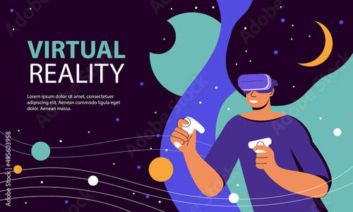 Metaverse Digital virtual reality simulation. Woman in VR headset and futuristic glasses in outer space among planets and stars. Break The Science Bias. Colorful flat vector illustration, banner