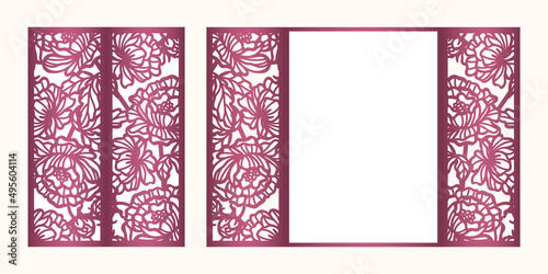 Wedding invitation Gate fold card with pattern of Peony flowers, Laser cut template, vector.