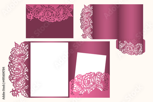 Wedding invitation Tri fold pocket envelope with pattern of Peony flowers, Laser cut template, vector. photo