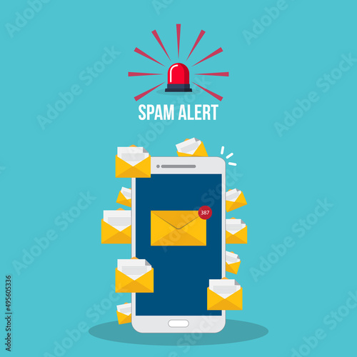 Spam. Spamming concept, a lot of emails on the screen of a smart phone. Email box hacking, spam warning. Vector illustration.	