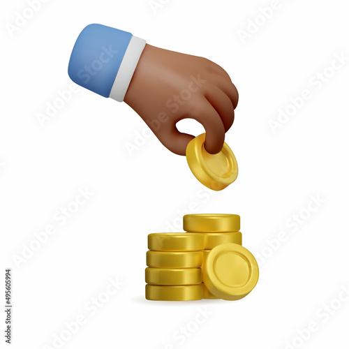 3d Icon dark skinned hand giving coins. Realistic vector render emoji. Money concept, golden coins design element isolated on white background