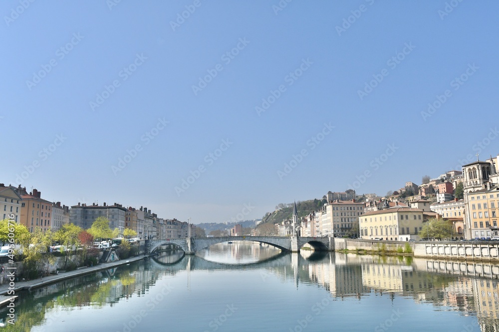 Beautiful city of lyon and its bonaparte bridge over the river Sâone on a spring morning