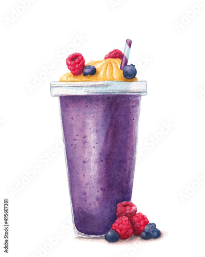 berry milkshake in a glass decorated with cream and fresh strawberries hand drawn illustration